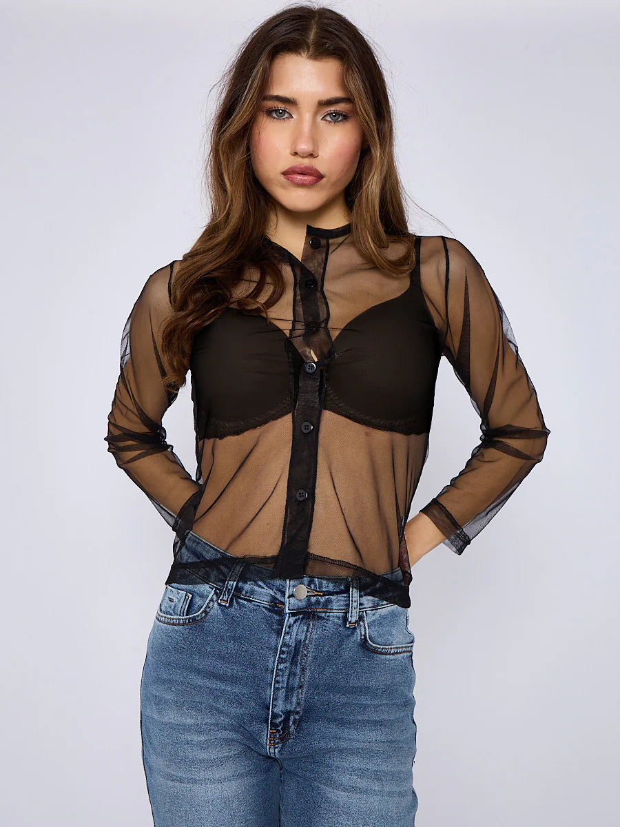 Mesh Button-Through Long Sleeve Top for Women – Trendy Sheer Style