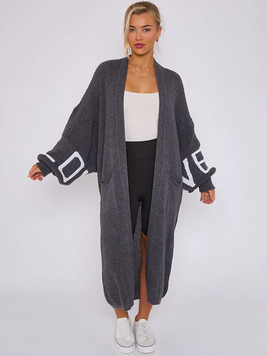 LOVE Detail Balloon Sleeve Knitted Open Cardigan for Women – Cozy & Trendy