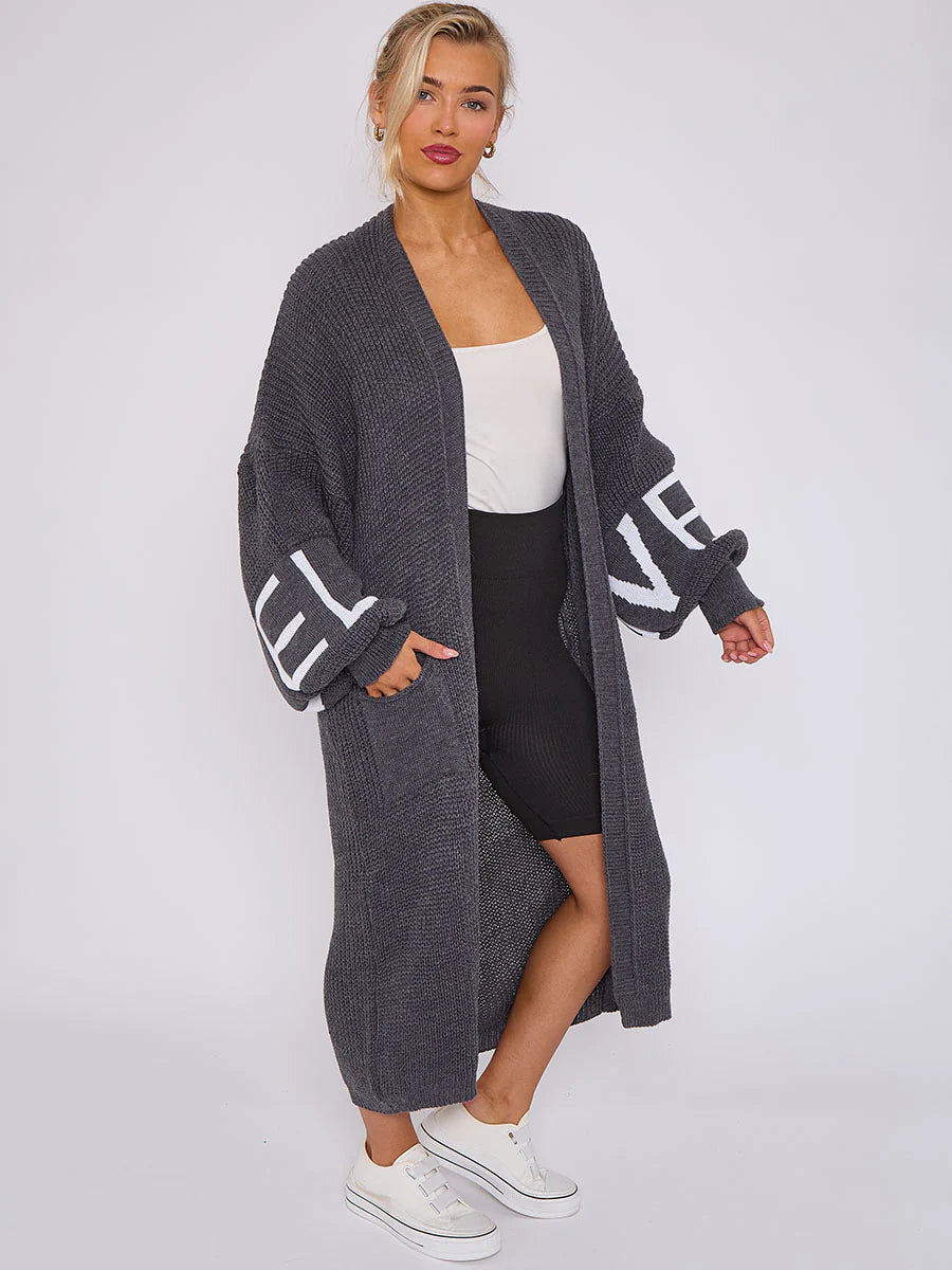 LOVE Detail Balloon Sleeve Knitted Open Cardigan for Women – Cozy & Trendy