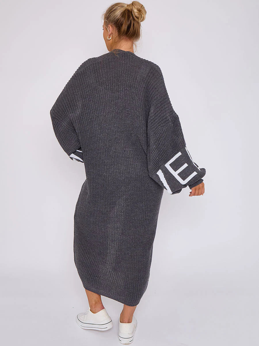 LOVE Detail Balloon Sleeve Knitted Open Cardigan for Women – Cozy & Trendy