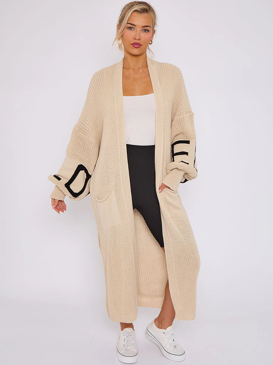 LOVE Detail Balloon Sleeve Knitted Open Cardigan for Women – Cozy & Trendy