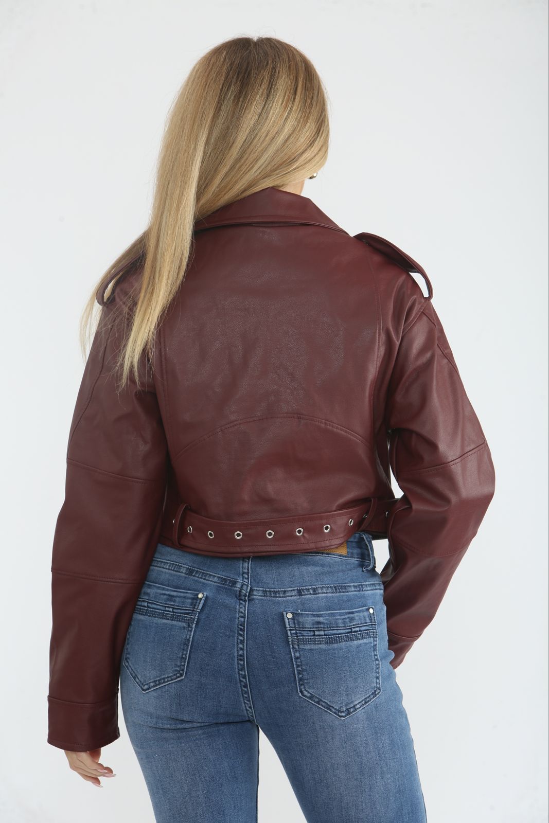 Women's Faux leather Cropped Biker Jacket with Detchable Belt and Side Pocket