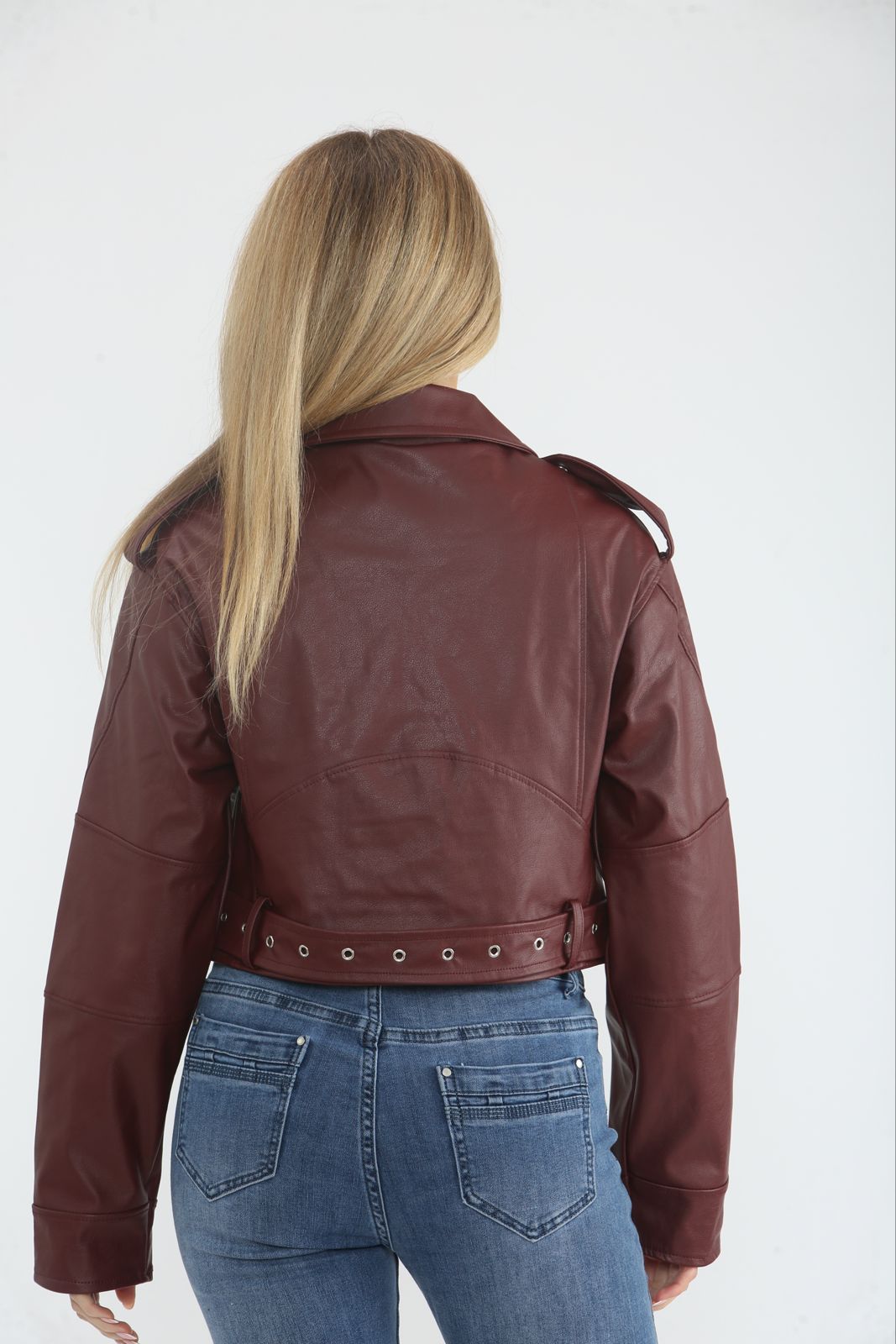 Women's Faux leather Cropped Biker Jacket with Detchable Belt and Side Pocket