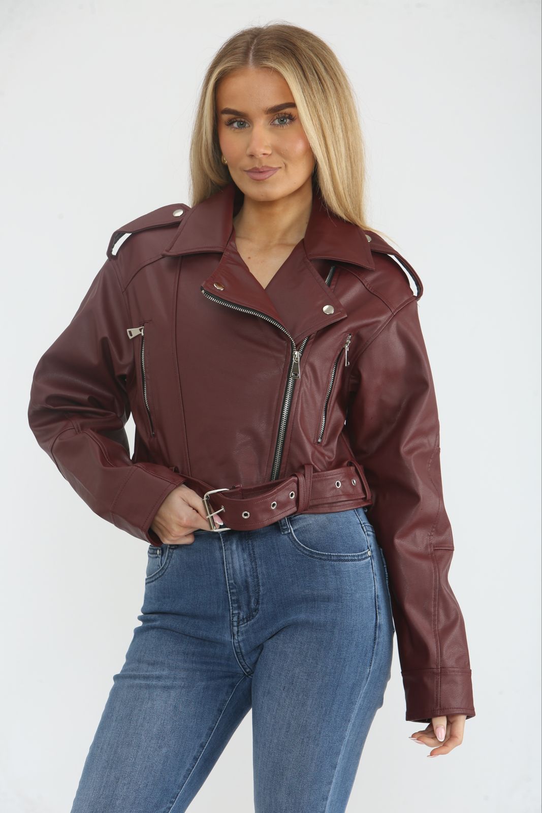 Women's Faux leather Cropped Biker Jacket with Detchable Belt and Side Pocket