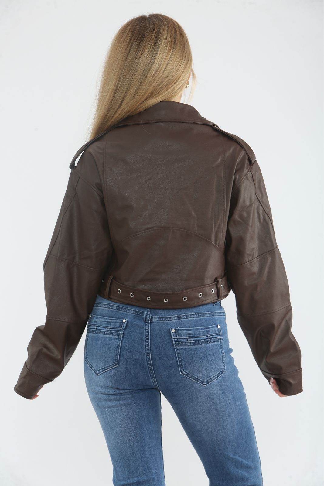 Women's Faux leather Cropped Biker Jacket with Detchable Belt and Side Pocket