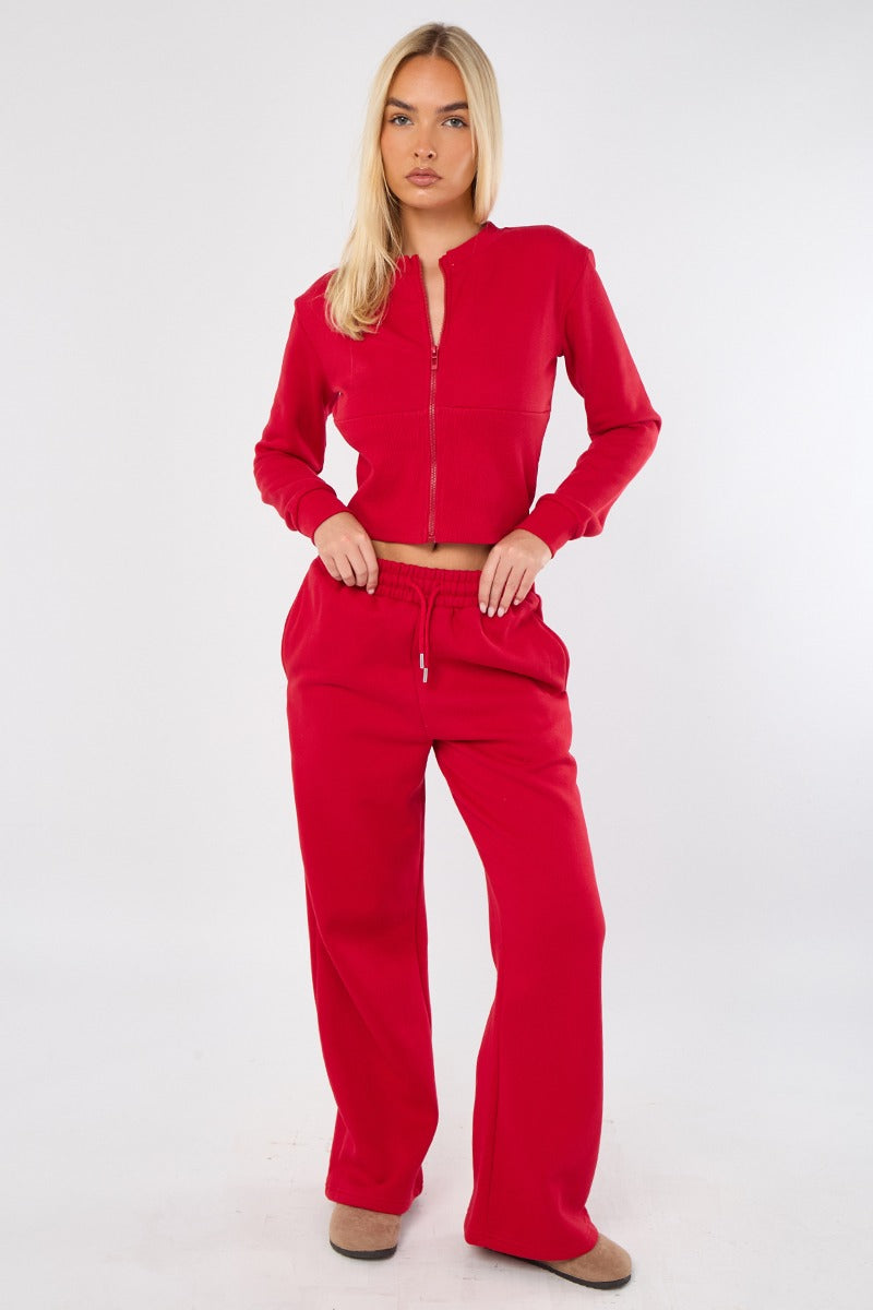 Women’s Red Corset Rib Hem Round Neck Trousers Set – Stylish Two-Piece Outfit