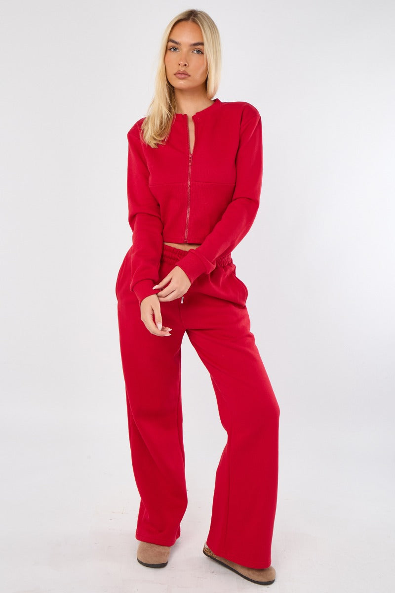 Women’s Red Corset Rib Hem Round Neck Trousers Set – Stylish Two-Piece Outfit