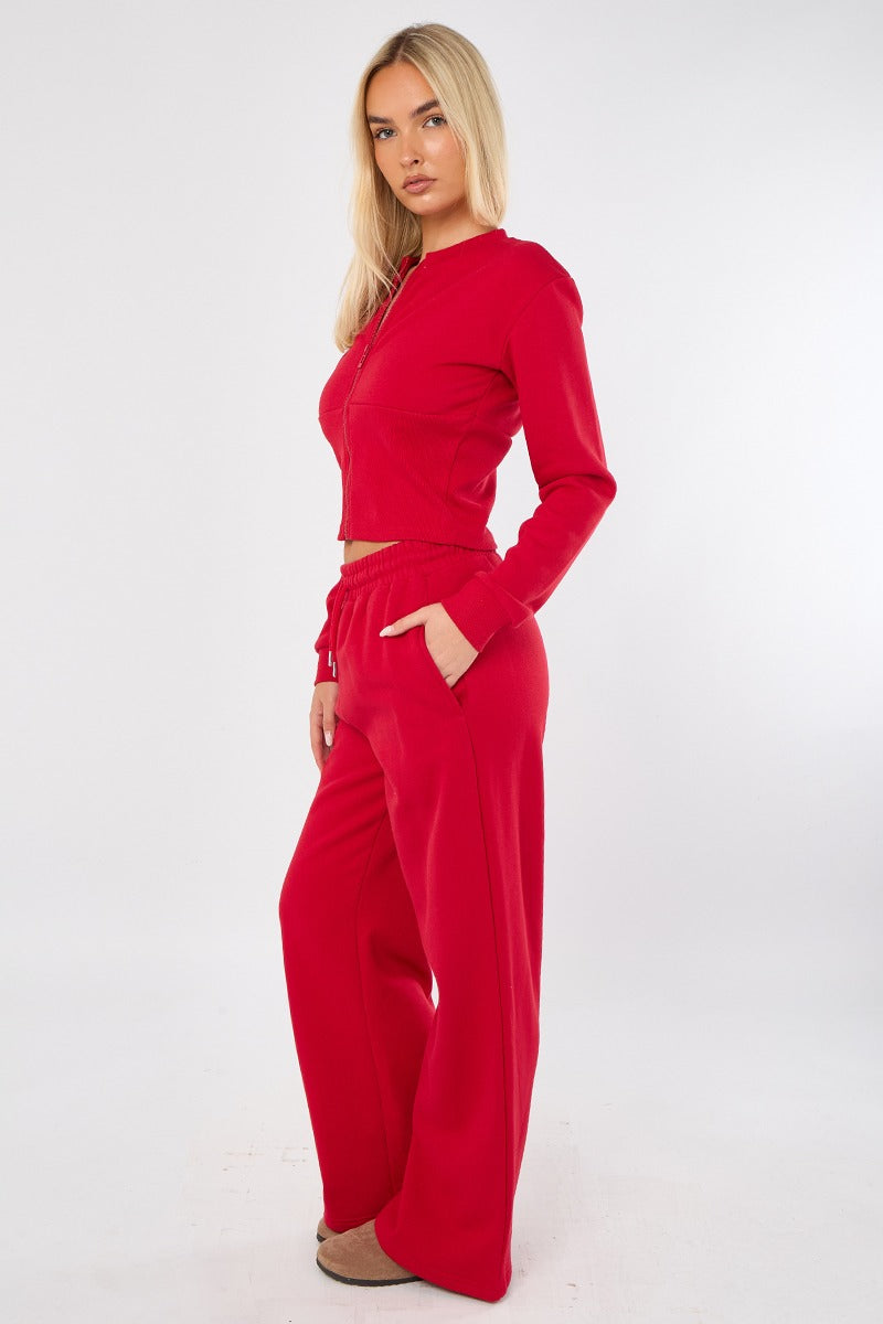 Women’s Red Corset Rib Hem Round Neck Trousers Set – Stylish Two-Piece Outfit