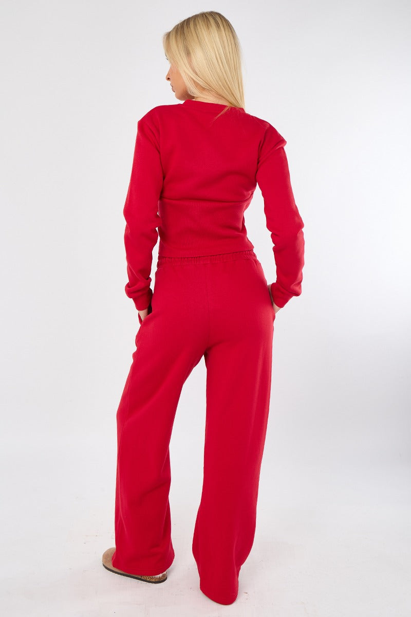 Women’s Red Corset Rib Hem Round Neck Trousers Set – Stylish Two-Piece Outfit