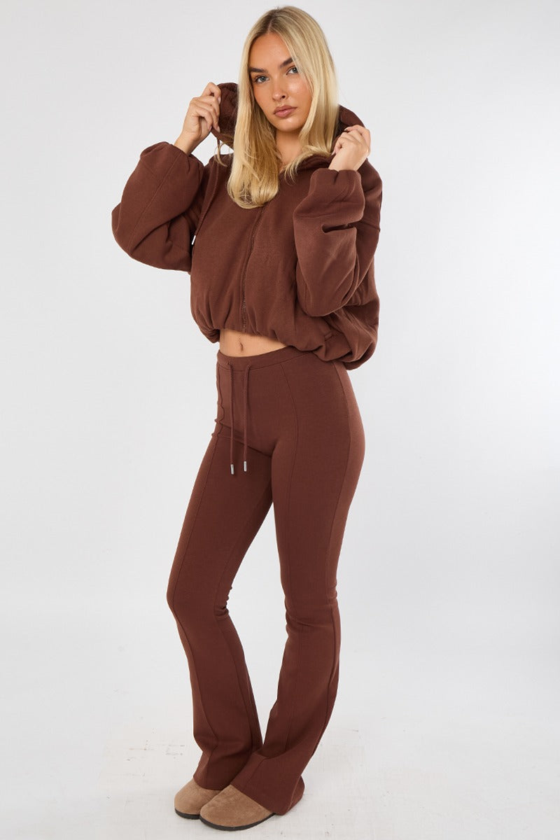 Chocolate Bubble Hem Cropped Fleece-Lined Jacket – Hooded Zip-Up