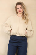 Beige Bubble Hem Cropped Fleece-Lined Jacket – Hooded Zip-Up