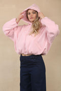 Baby Pink Bubble Hem Cropped Fleece-Lined Jacket – Hooded Zip-Up