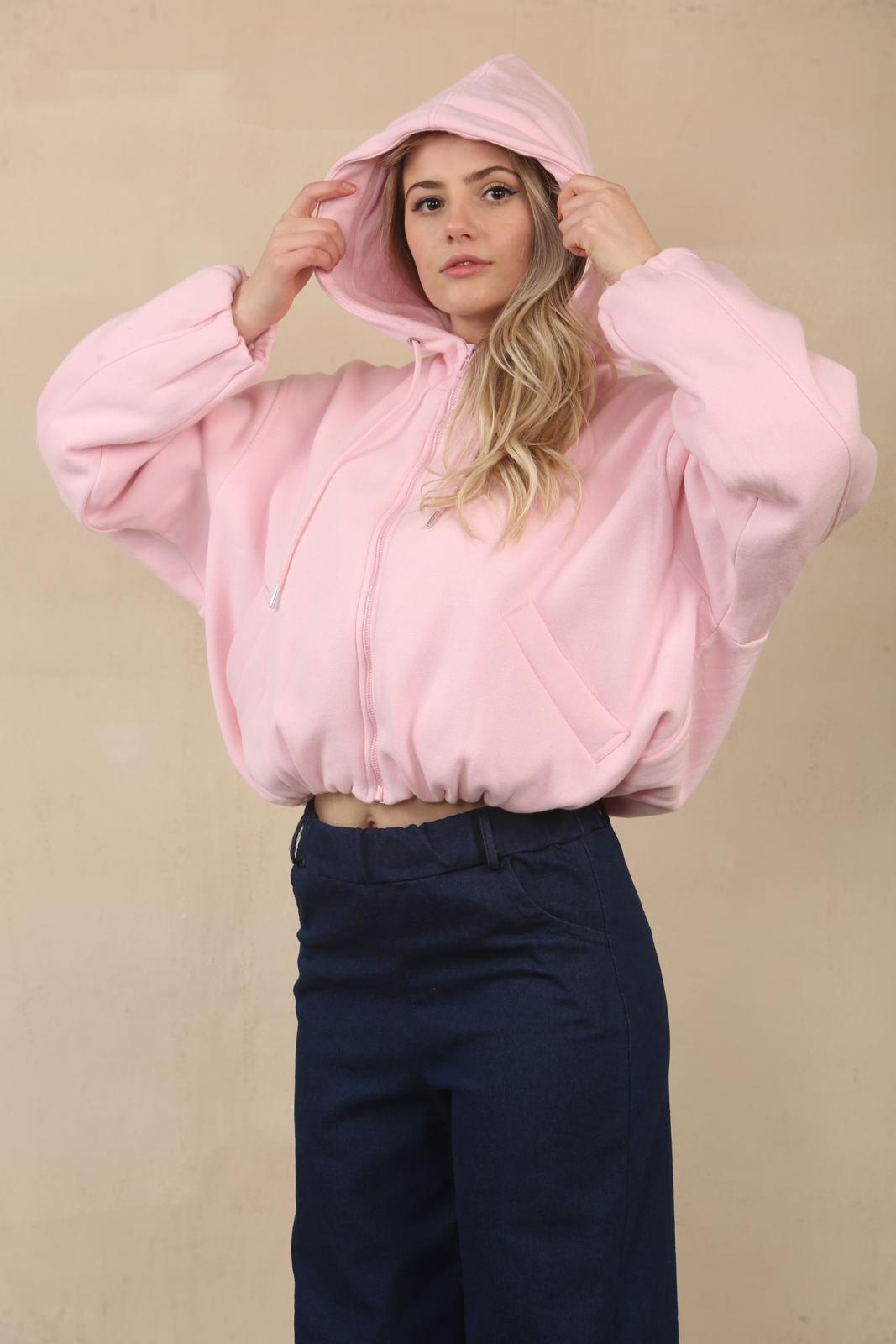 Baby Pink Bubble Hem Cropped Fleece-Lined Jacket – Hooded Zip-Up