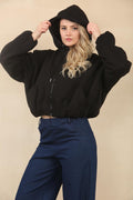 Black Bubble Hem Cropped Fleece-Lined Jacket – Hooded Zip-Up