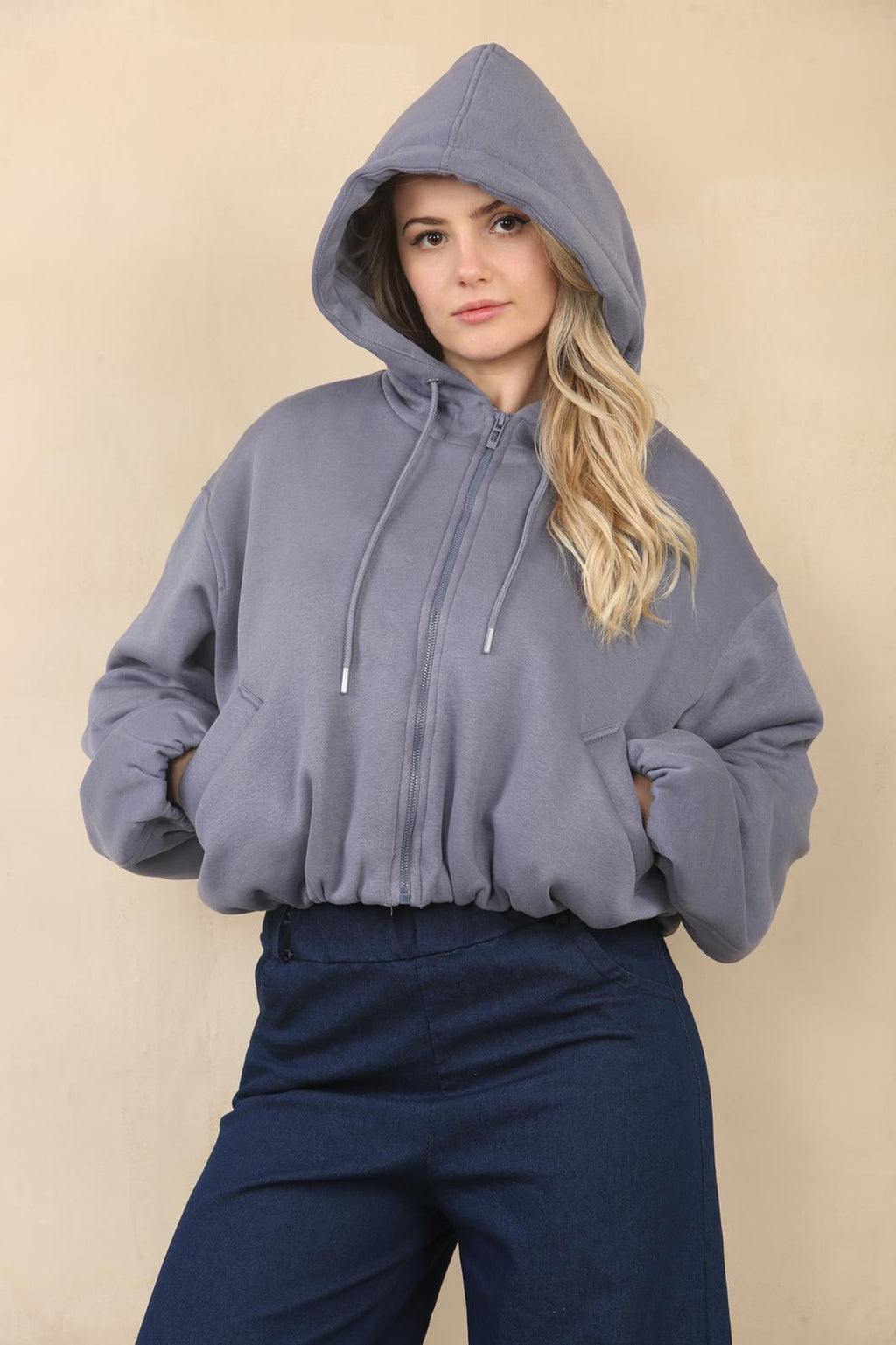 Slate Grey Bubble Hem Cropped Fleece-Lined Jacket – Hooded Zip-Up