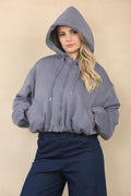 Slate Grey Bubble Hem Cropped Fleece-Lined Jacket – Hooded Zip-Up