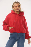 Red Bubble Hem Cropped Fleece-Lined Jacket – Hooded Zip-Up