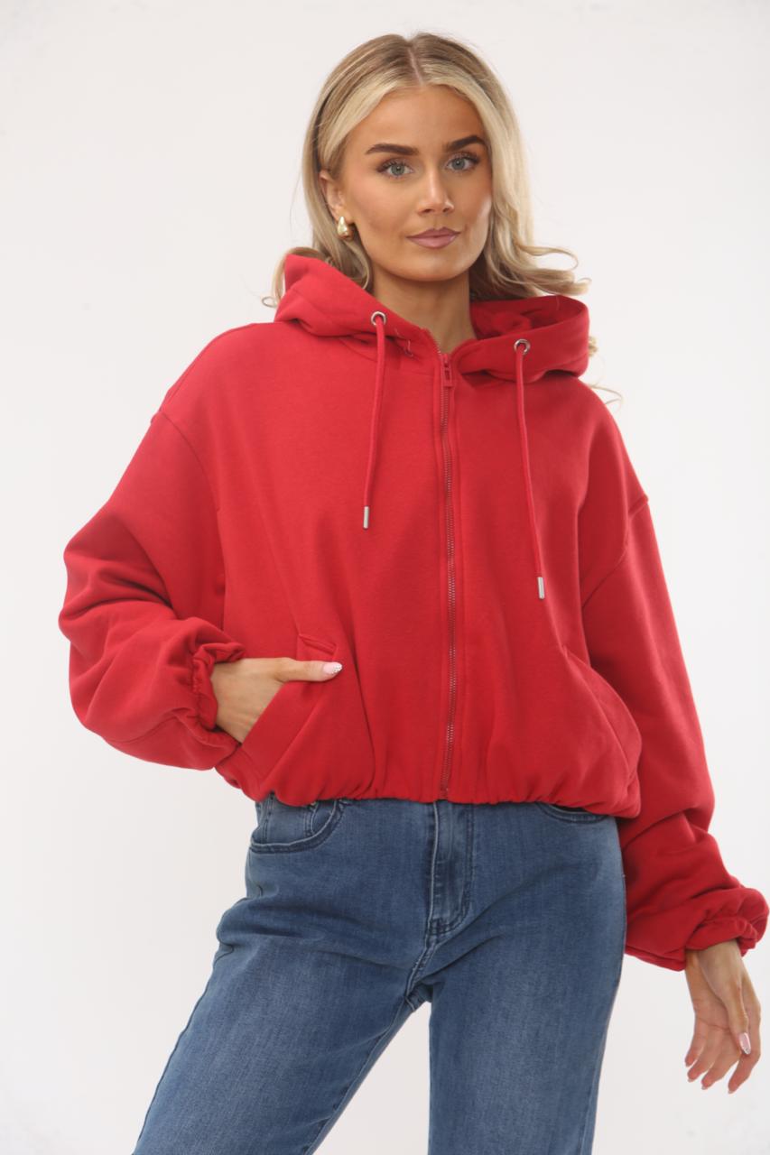 Red Bubble Hem Cropped Fleece-Lined Jacket – Hooded Zip-Up