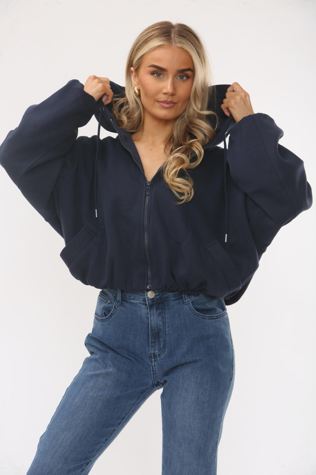 Navy Blue Bubble Hem Cropped Fleece-Lined Jacket – Hooded Zip-Up