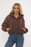 Chocolate Bubble Hem Cropped Fleece-Lined Jacket – Hooded Zip-Up