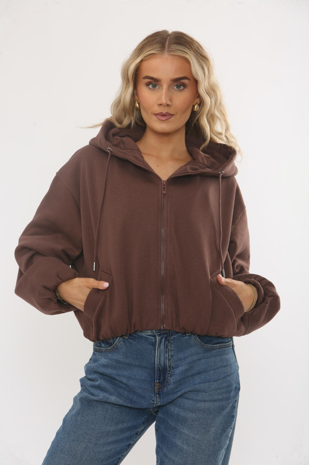 Chocolate Bubble Hem Cropped Fleece-Lined Jacket – Hooded Zip-Up