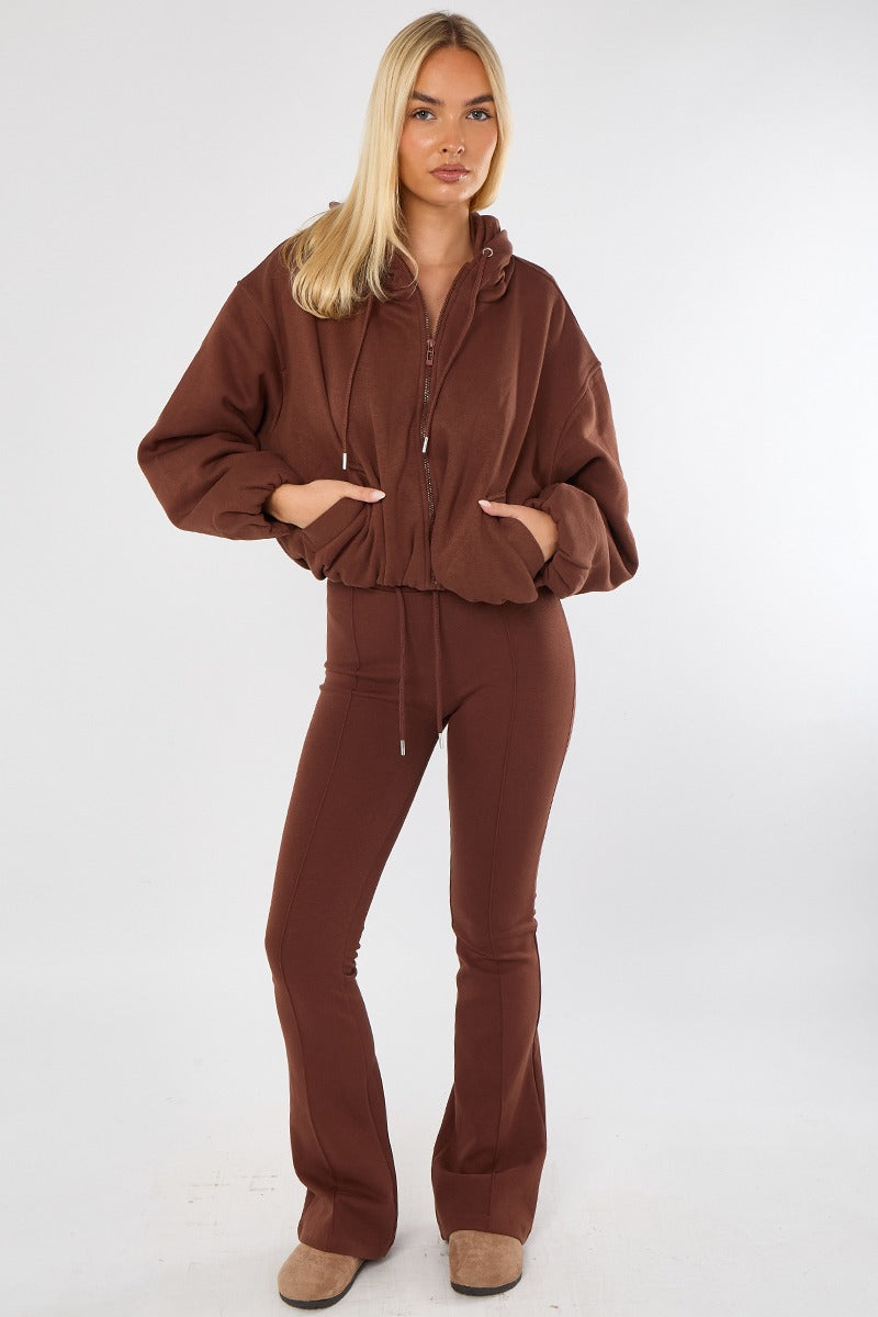 Chocolate Bubble Hem Cropped Fleece-Lined Jacket – Hooded Zip-Up