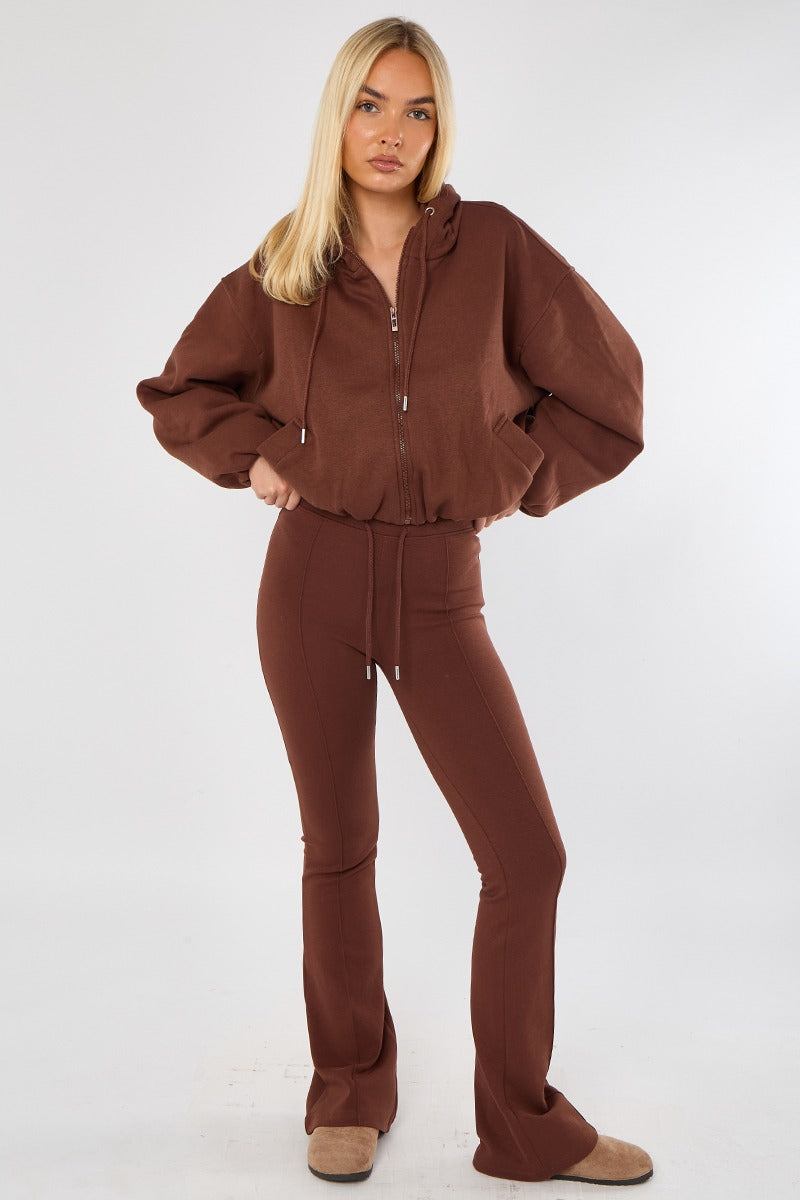 Chocolate Bubble Hem Cropped Fleece-Lined Jacket – Hooded Zip-Up