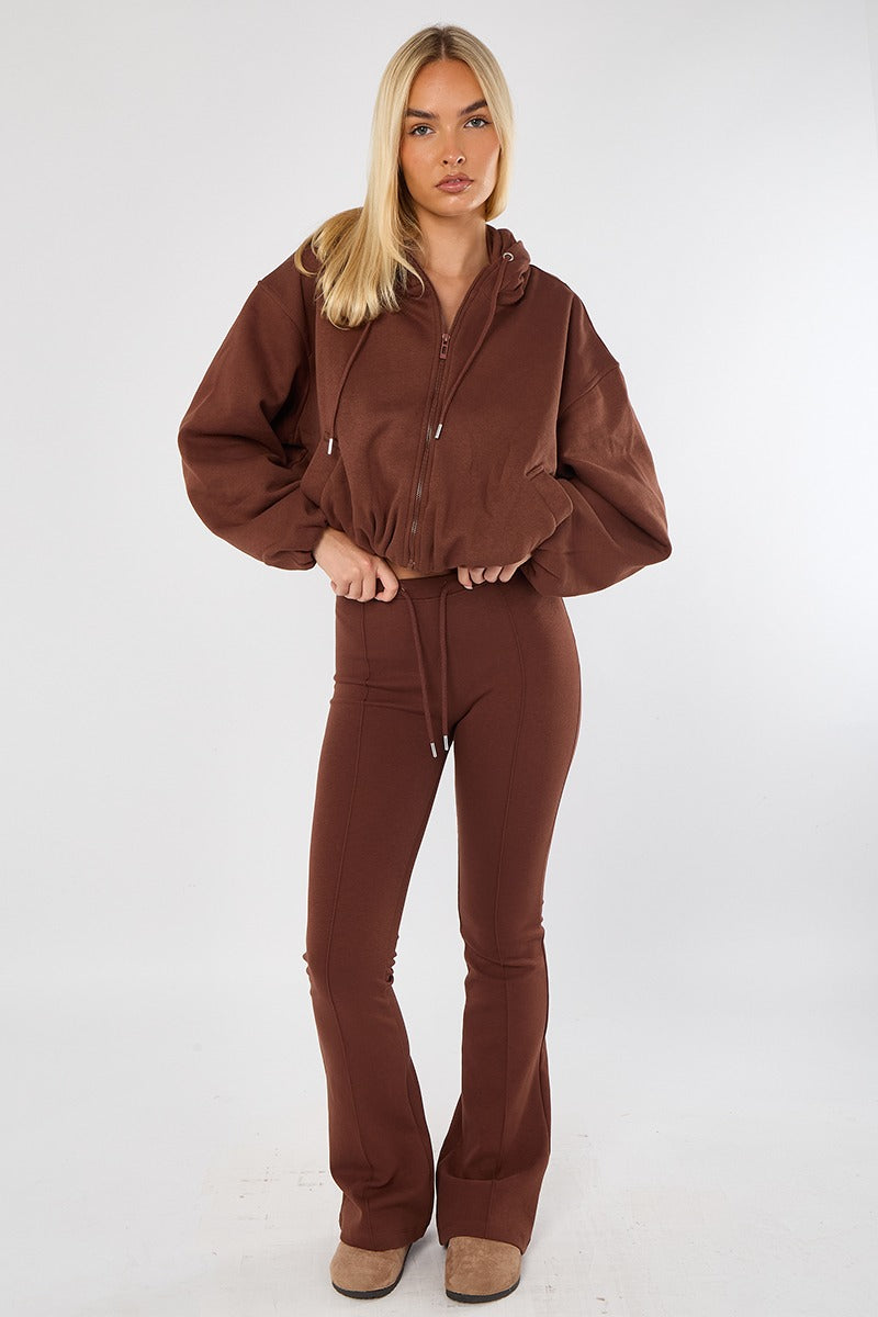Chocolate Bubble Hem Cropped Fleece-Lined Jacket – Hooded Zip-Up