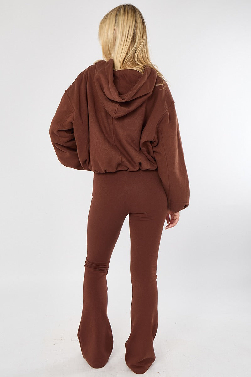 Chocolate Bubble Hem Cropped Fleece-Lined Jacket – Hooded Zip-Up