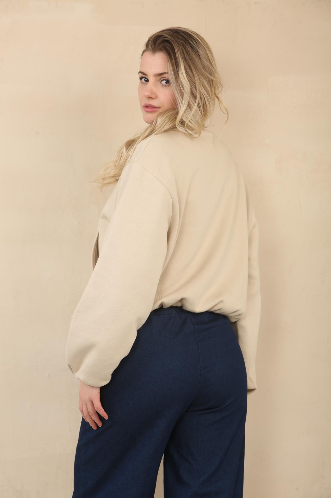 Beige Bubble Hem Cropped Fleece-Lined Jacket – Hooded Zip-Up