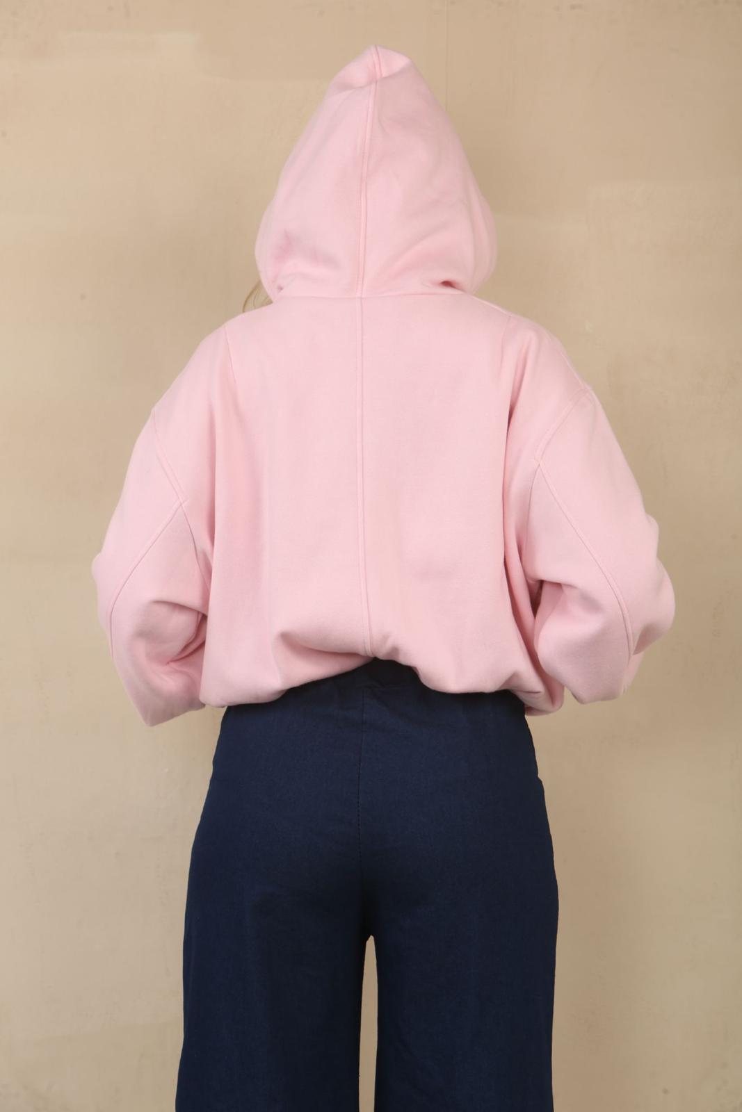 Baby Pink Bubble Hem Cropped Fleece-Lined Jacket – Hooded Zip-Up