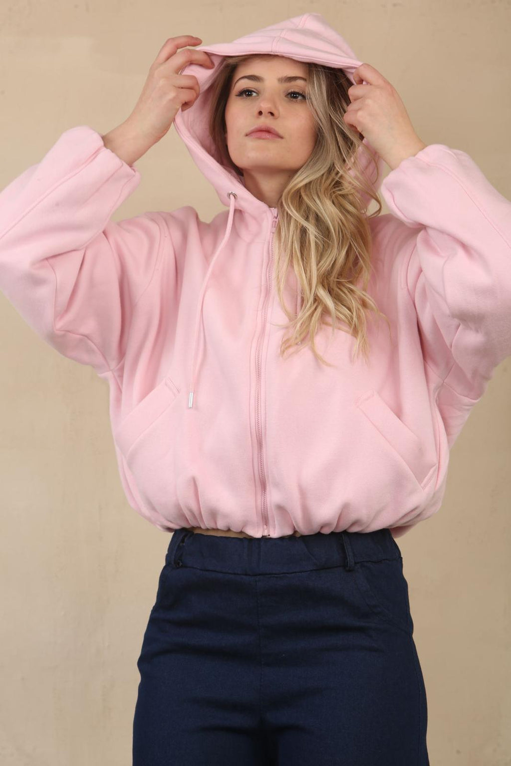 Baby Pink Bubble Hem Cropped Fleece-Lined Jacket – Hooded Zip-Up