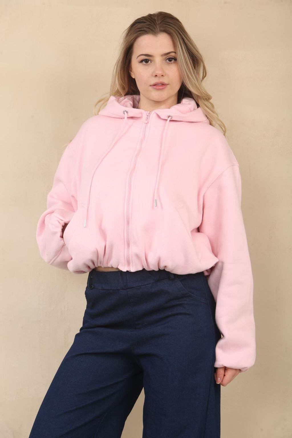Baby Pink Bubble Hem Cropped Fleece-Lined Jacket – Hooded Zip-Up