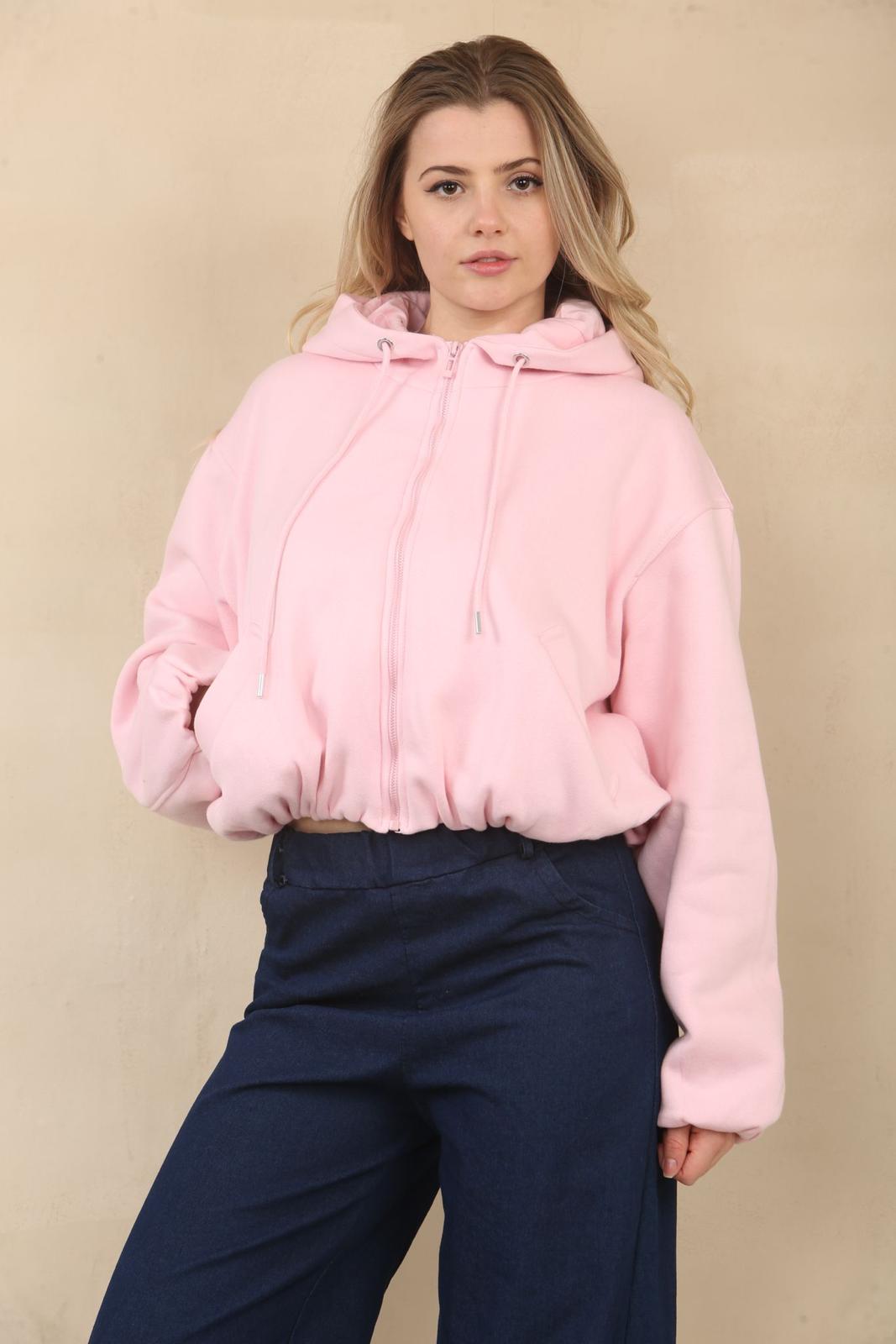Baby Pink Bubble Hem Cropped Fleece-Lined Jacket – Hooded Zip-Up