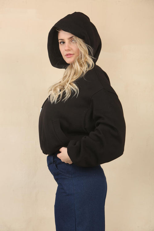 Black Bubble Hem Cropped Fleece-Lined Jacket – Hooded Zip-Up
