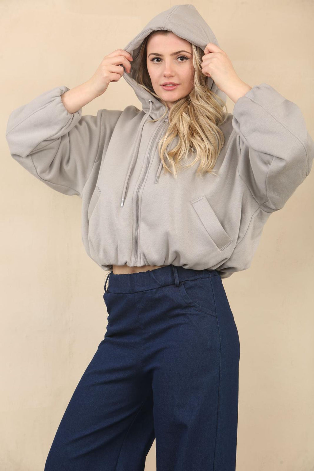 Grey Bubble Hem Cropped Fleece-Lined Jacket – Hooded Zip-Up