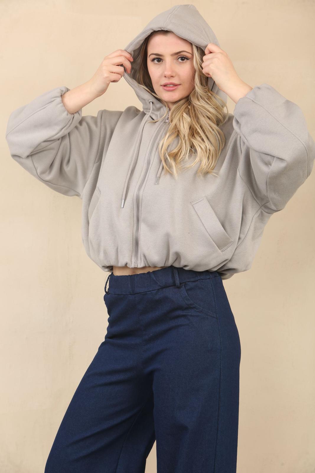 Grey Bubble Hem Cropped Fleece-Lined Jacket – Hooded Zip-Up