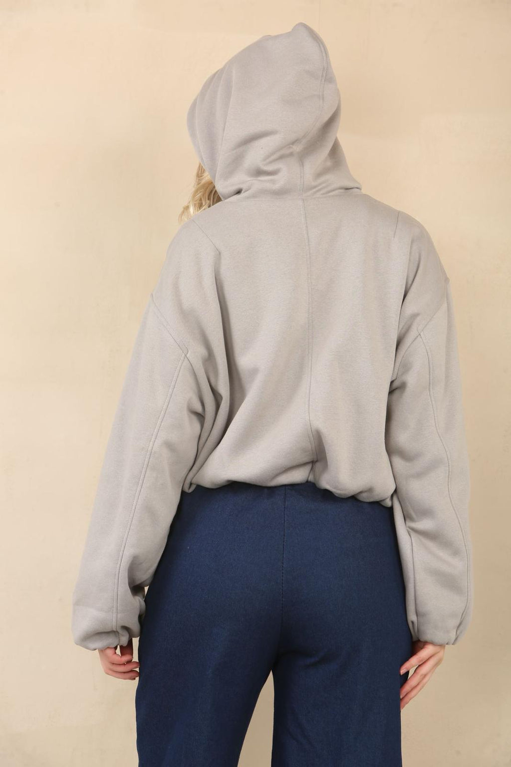 Grey Bubble Hem Cropped Fleece-Lined Jacket – Hooded Zip-Up