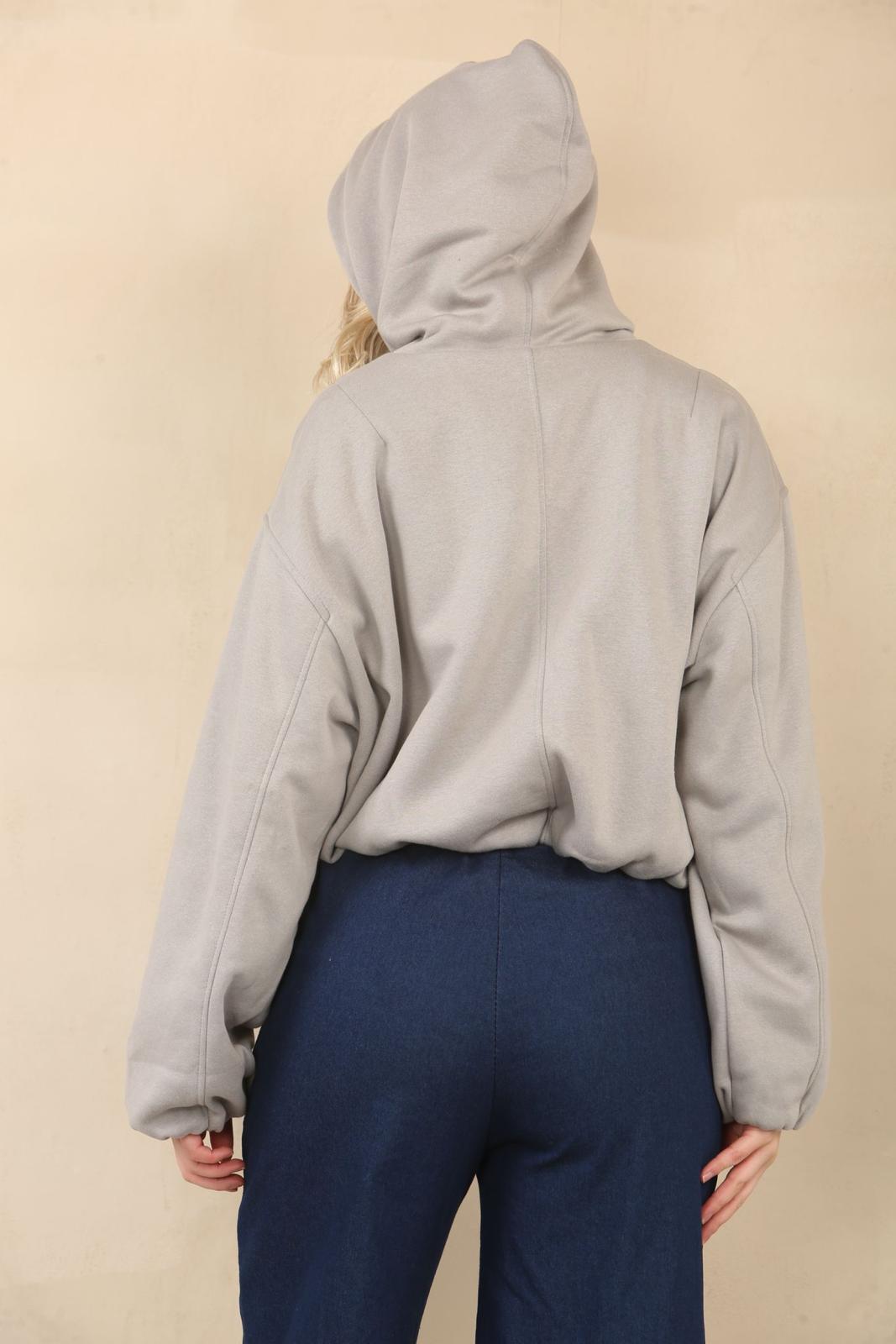 Grey Bubble Hem Cropped Fleece-Lined Jacket – Hooded Zip-Up