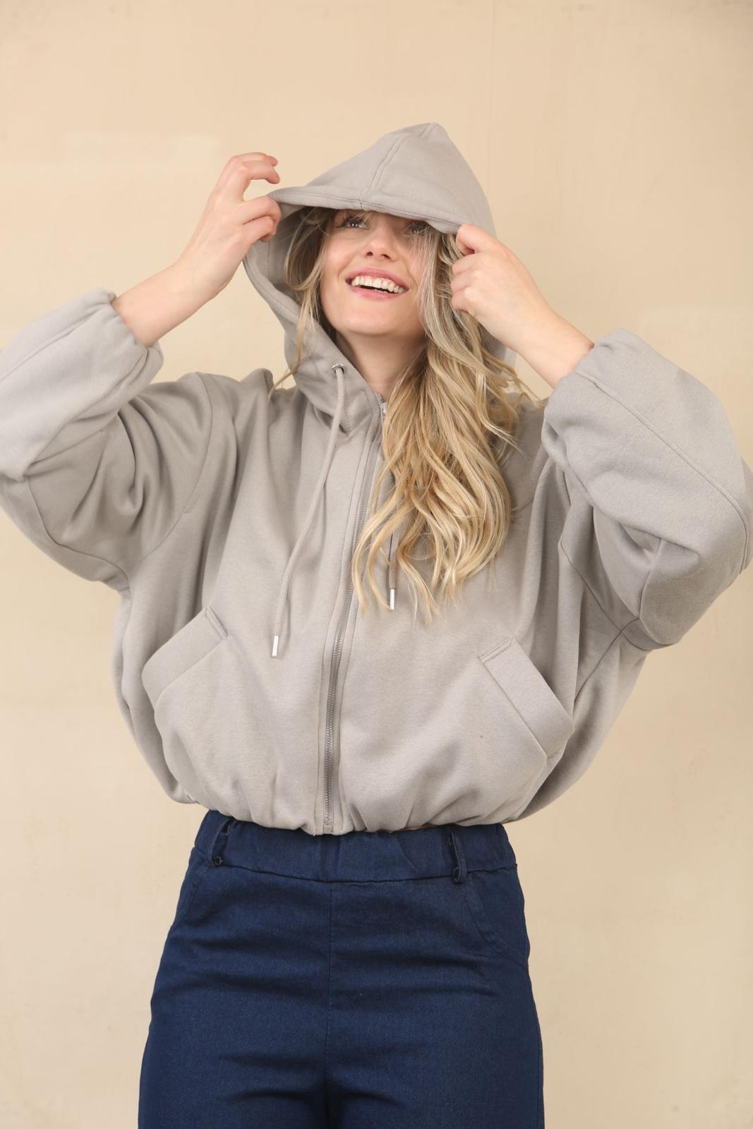 Grey Bubble Hem Cropped Fleece-Lined Jacket – Hooded Zip-Up