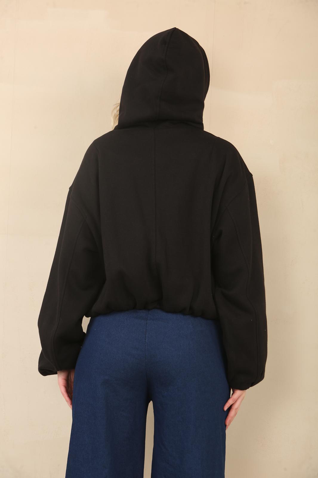 Black Bubble Hem Cropped Fleece-Lined Jacket – Hooded Zip-Up