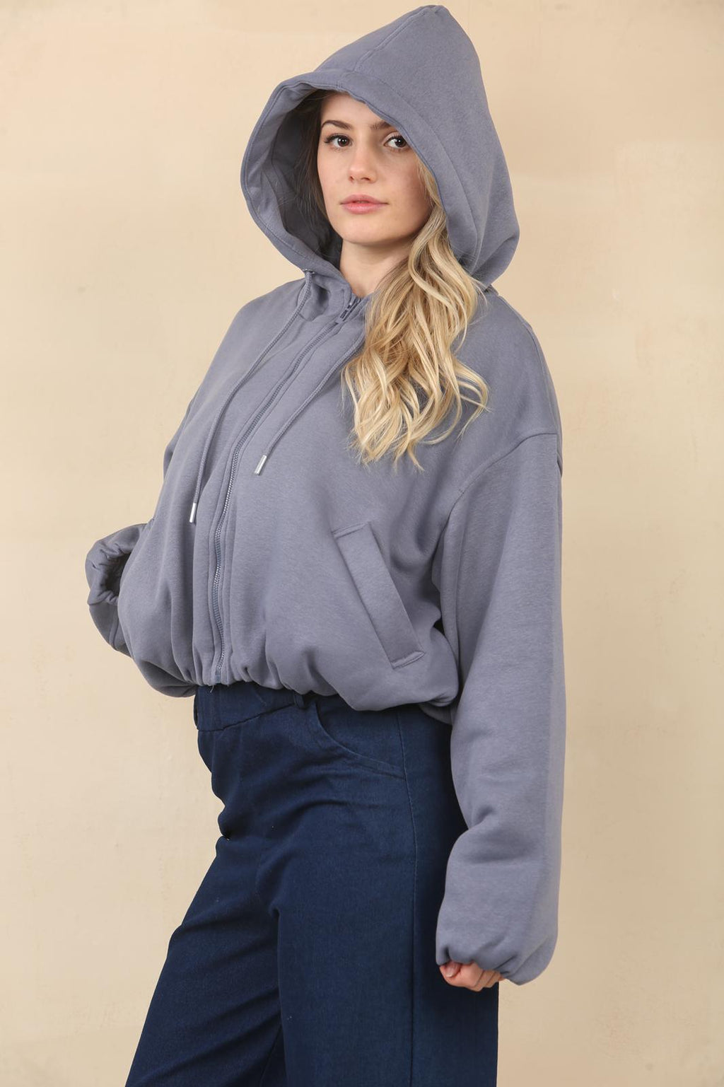 Slate Grey Bubble Hem Cropped Fleece-Lined Jacket – Hooded Zip-Up