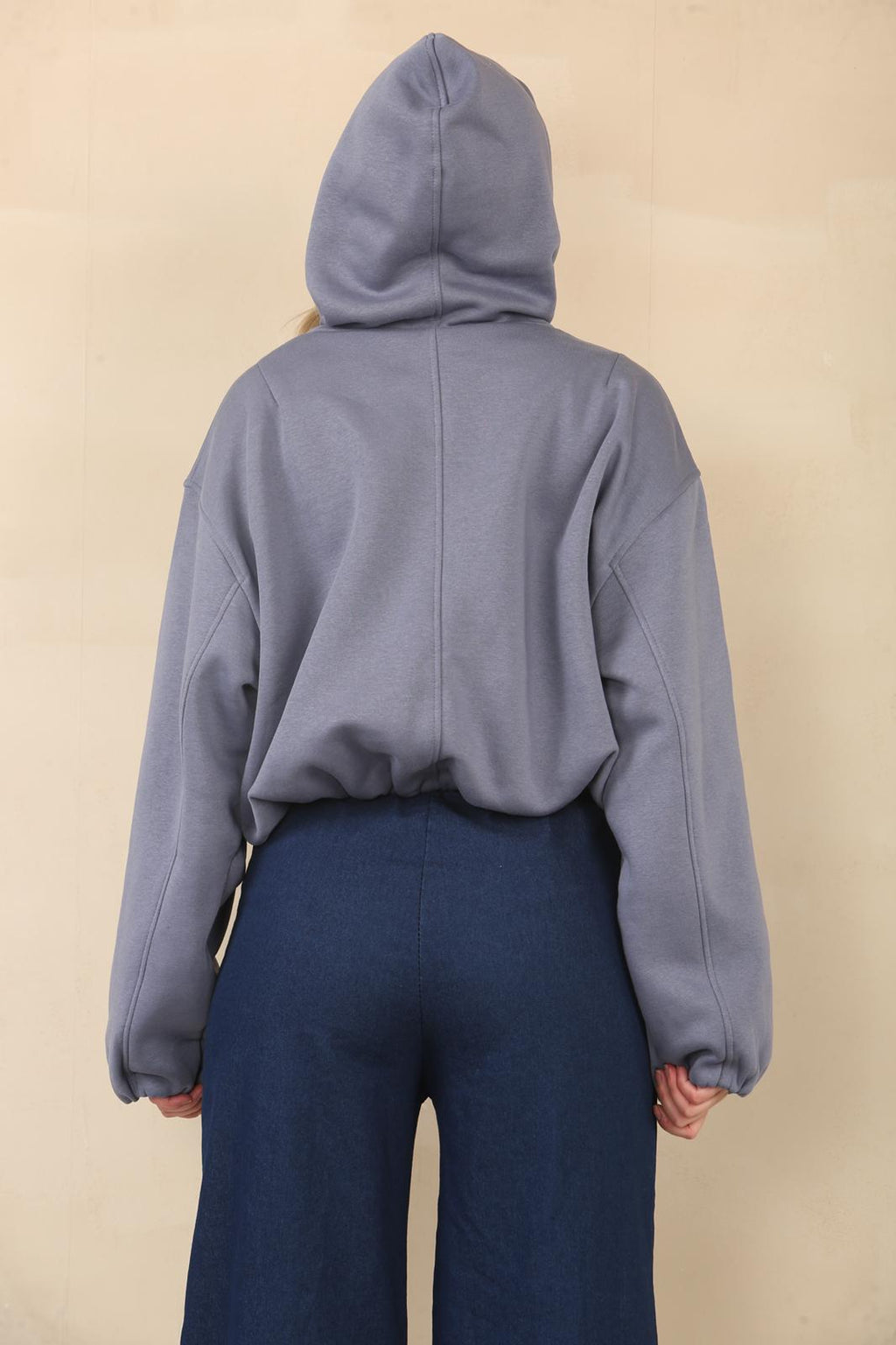 Slate Grey Bubble Hem Cropped Fleece-Lined Jacket – Hooded Zip-Up