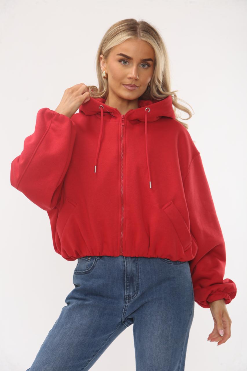 Red Bubble Hem Cropped Fleece-Lined Jacket – Hooded Zip-Up