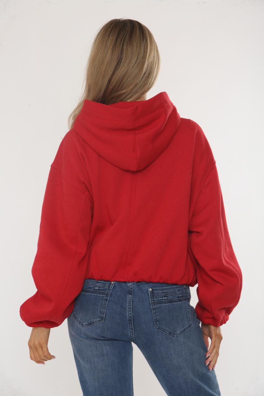 Red Bubble Hem Cropped Fleece-Lined Jacket – Hooded Zip-Up
