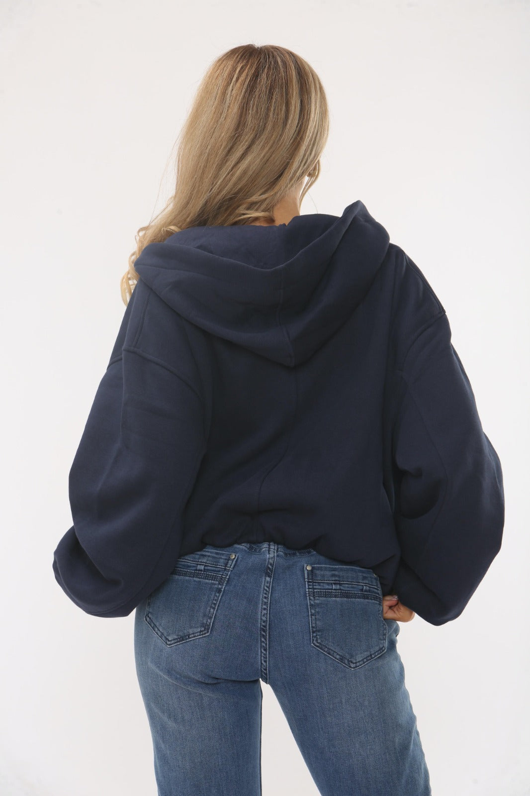 Navy Blue Bubble Hem Cropped Fleece-Lined Jacket – Hooded Zip-Up