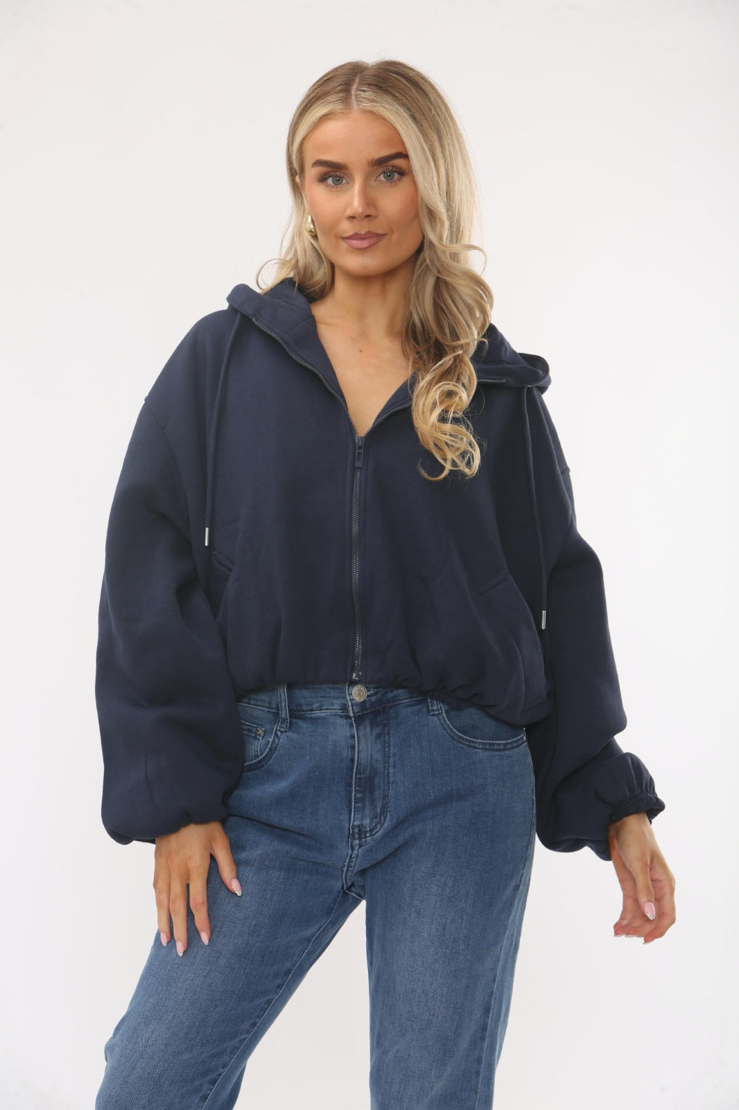 Navy Blue Bubble Hem Cropped Fleece-Lined Jacket – Hooded Zip-Up