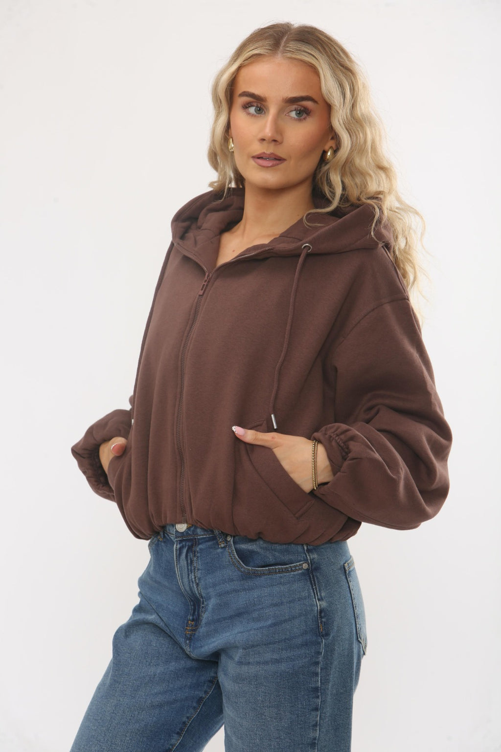 Chocolate Bubble Hem Cropped Fleece-Lined Jacket – Hooded Zip-Up