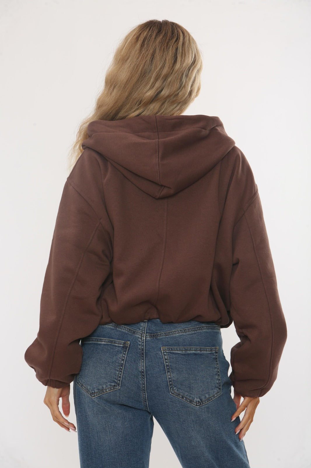 Chocolate Bubble Hem Cropped Fleece-Lined Jacket – Hooded Zip-Up